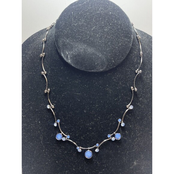 Givenchy Gun Metal Twisted Links Blue Crystal Dainty Necklace - Picture 1 of 8